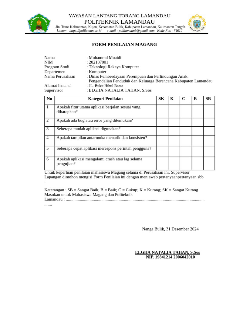 Form Penilaian Magang Politeknik Lamandau | PDF