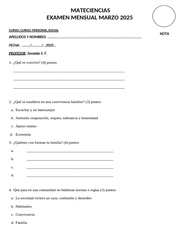 EXAMEN MENSUAL MARZO 2025 Personal Social Mataciencias | PDF