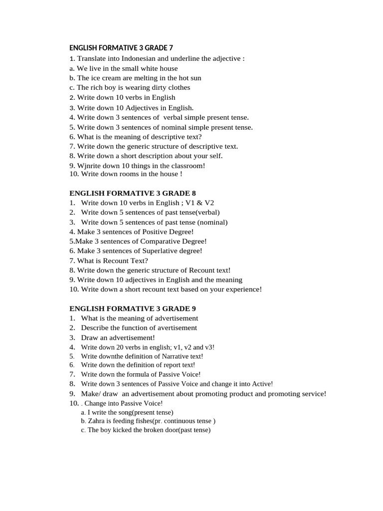 English Formative Exercises for Grades 7-9 | PDF