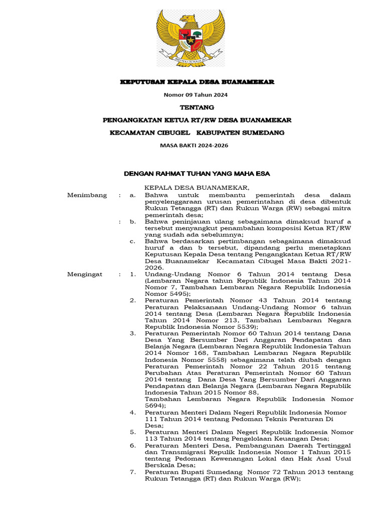 SK Pengangkatan Ketua RT/RW 2024-2026 | PDF