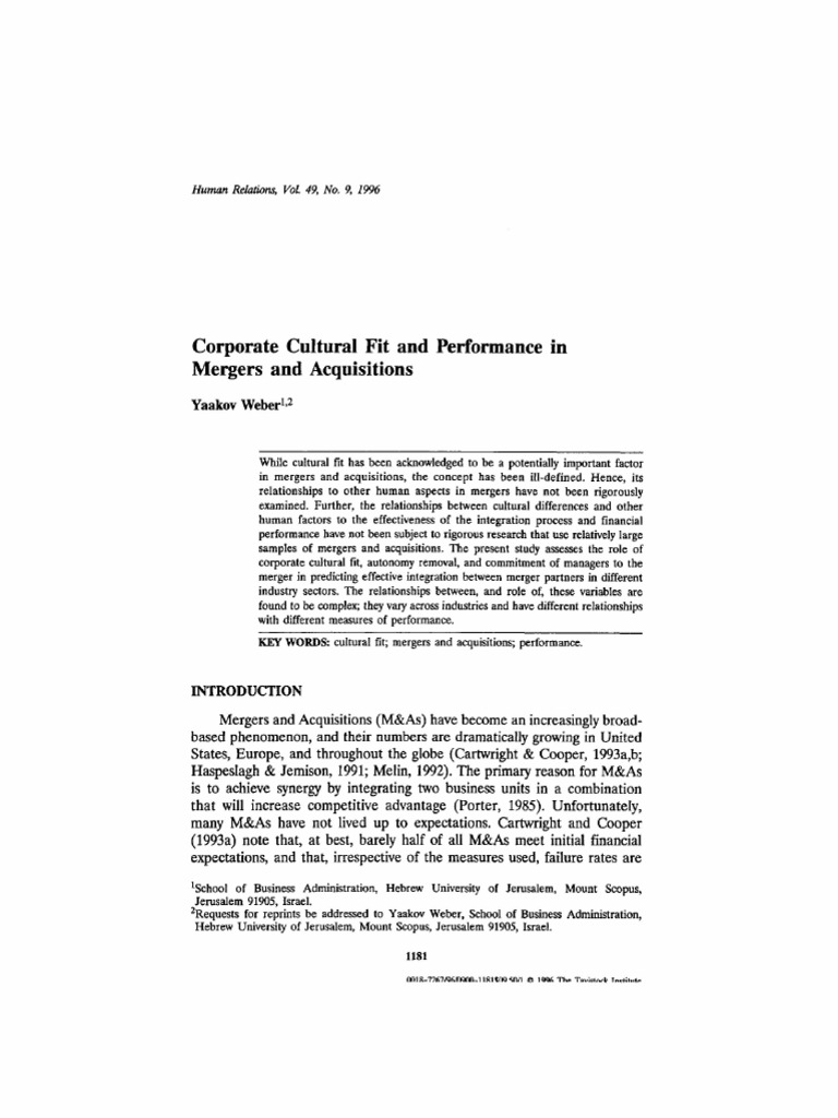 Cultural Fit in Mergers and Acquisitions | PDF | Mergers And ...