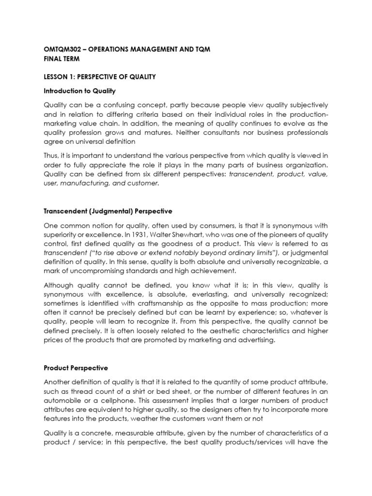 Understanding Quality Perspectives in TQM | PDF | Marketing | Product ...