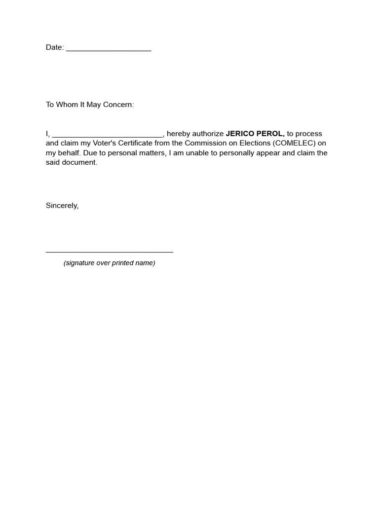 Voter's Certificate Authorization Letter | PDF