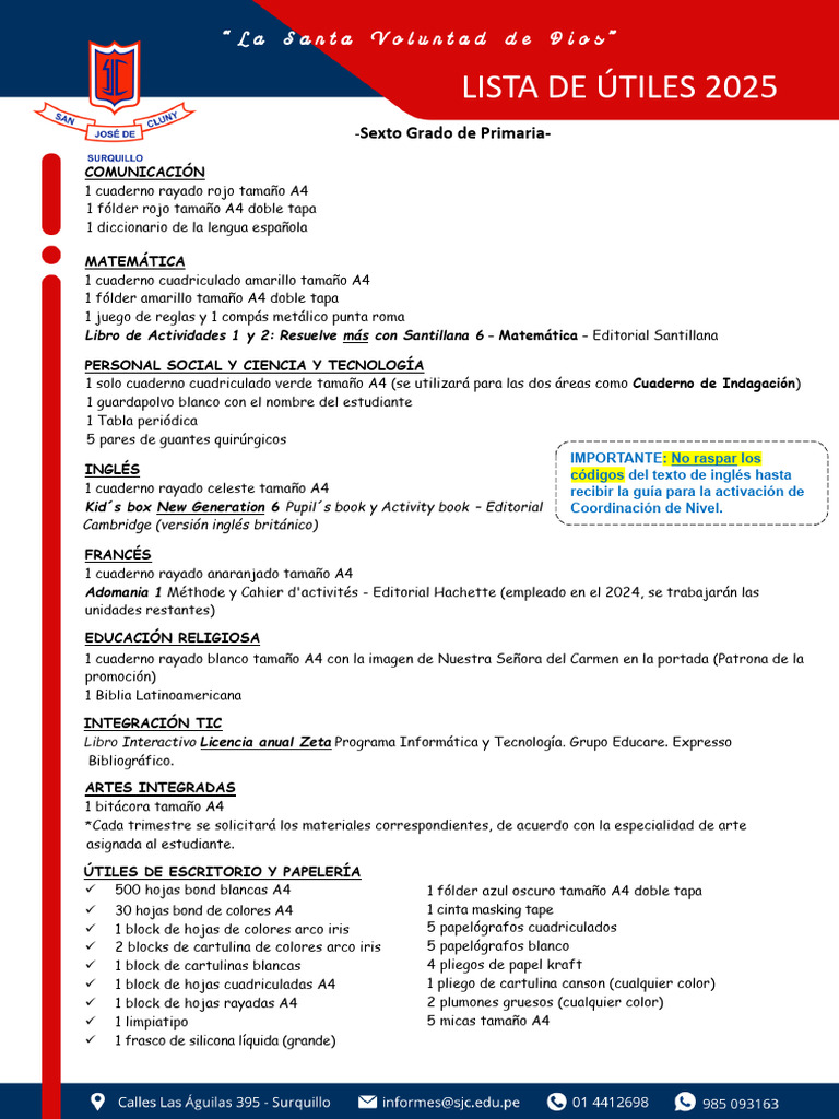 Lista de Utiles 2025 6 Primaria | PDF | Arco iris | Color
