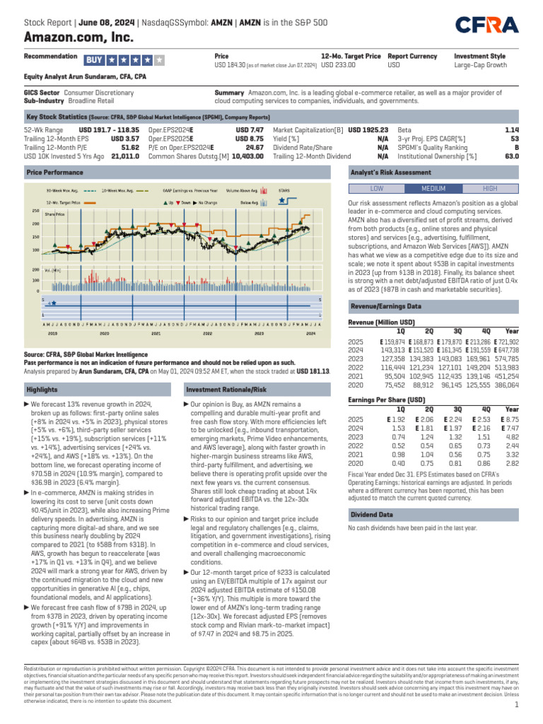 Amazon Stock Analysis and Outlook 2024 | PDF | Expense | Amazon Web ...