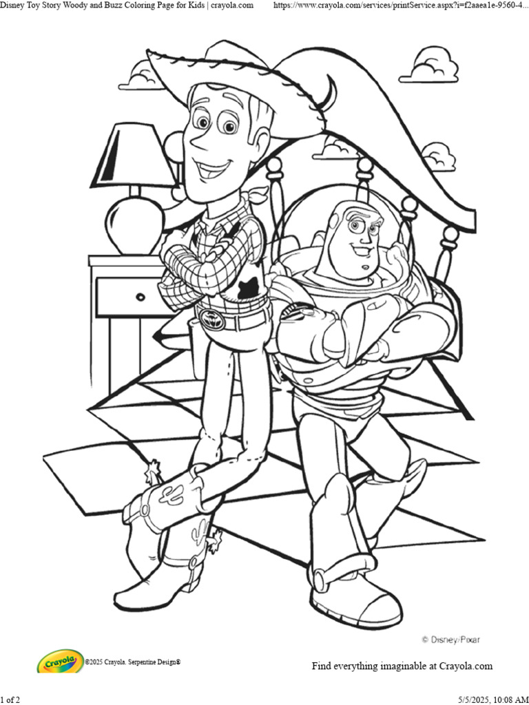 Disney Toy Story Woody and Buzz Coloring Page For Kids PDF