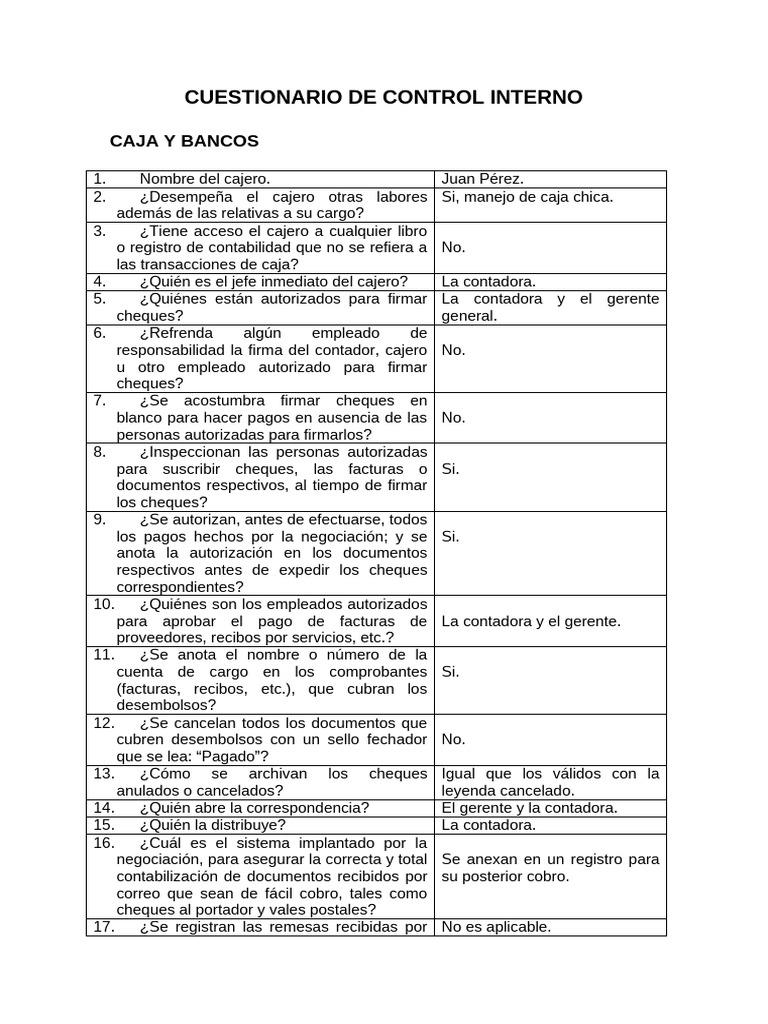 Cuestionario de Control Interno | PDF | Cheque | Contabilidad