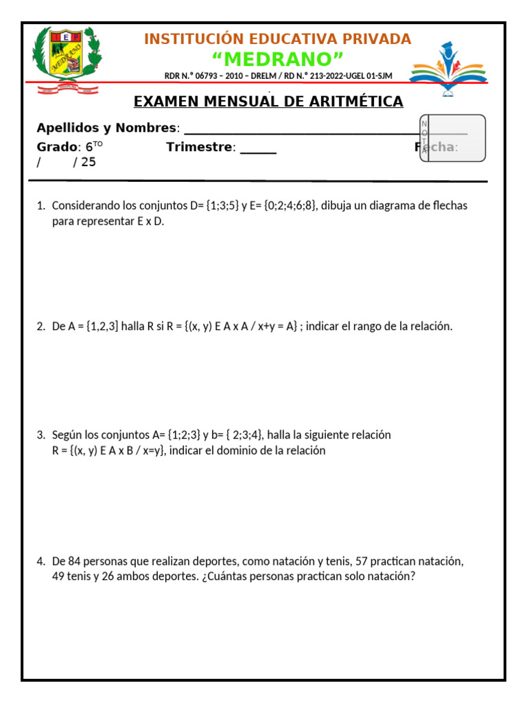 Examen Mensual de Aritmética 6to Grado | PDF