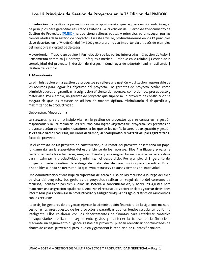 12 Principios del PMBOK 7 en Proyectos | PDF | Gestión de proyectos ...