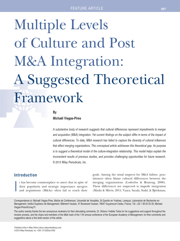Multiple Levels of Culture and Post M&A Integration - A Suggested ...