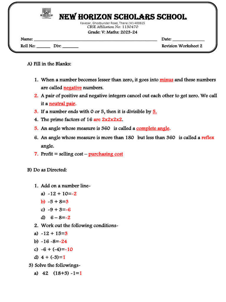 Grade 5 Maths Term 1 Practice Worksheet 2 Answer Key (23-24) - 230823 ...