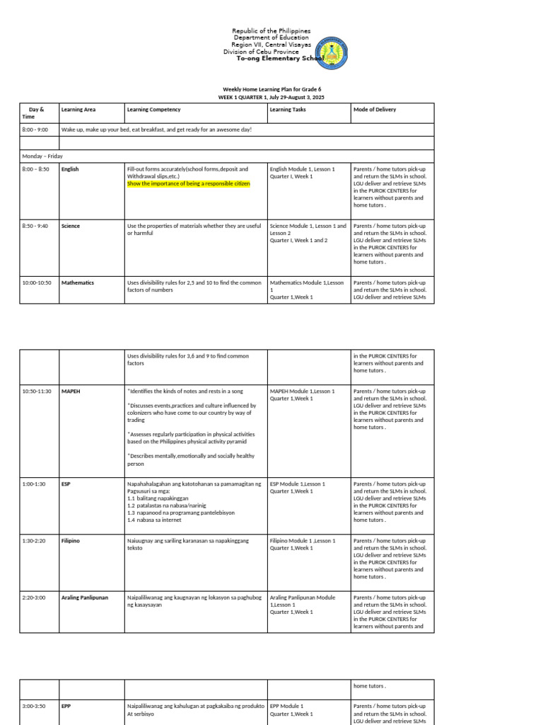 Grade 6 Weekly Learning Plan: Week 1 | PDF | Learning | Behavior ...
