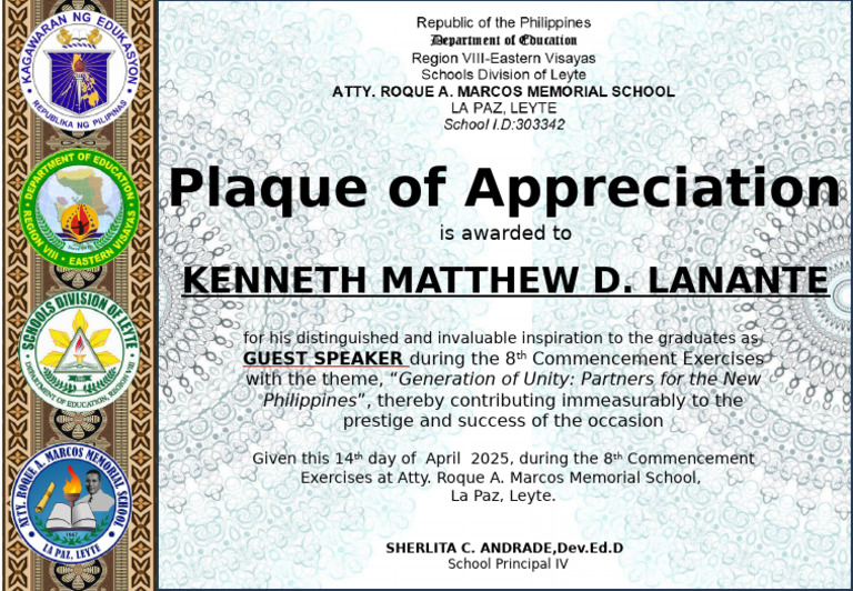 Citation For Plaque of Appreciation-Graduation | PDF