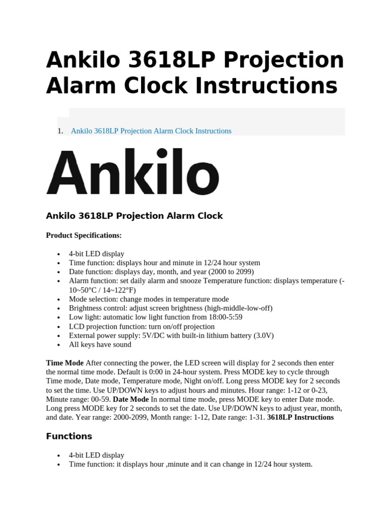 Ankilo 3618LP Clock Setup Guide | PDF | Clock | Light Emitting Diode