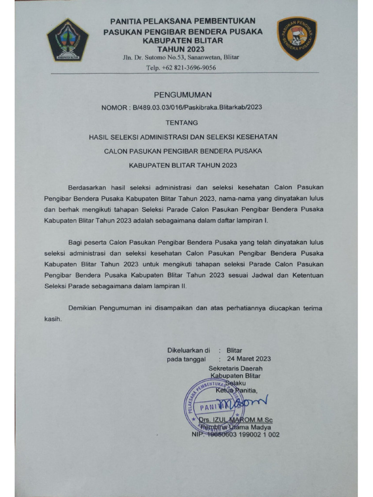 Pengumuman Hasil Seleksi Adm Dan Kes Ke Seleksi Parade 2023 Pdf