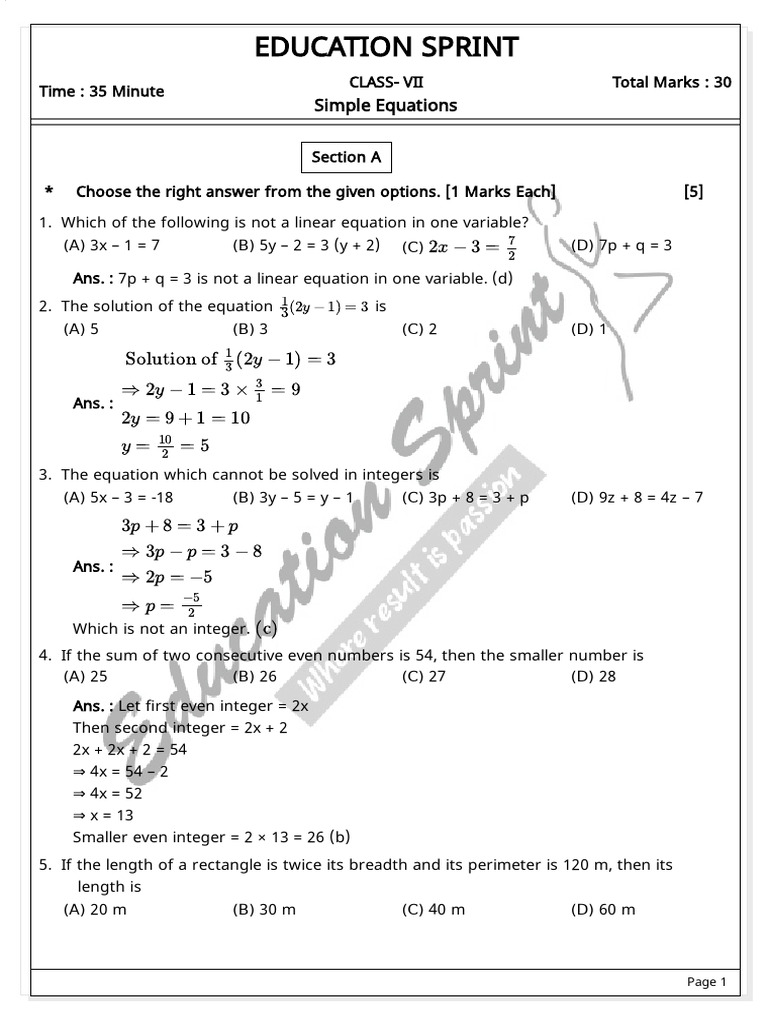 Simple Equations Mock Test - Solution | PDF | Equations | Length