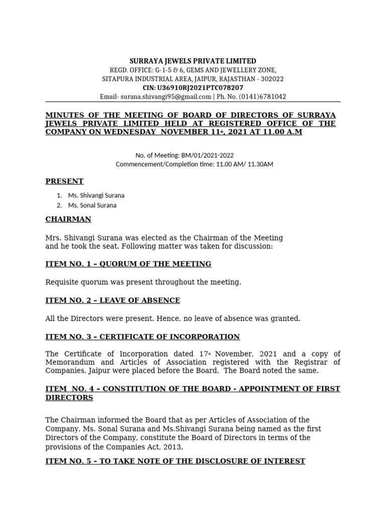 Surraya Jewels Board Meeting Minutes | PDF | Articles Of Association ...