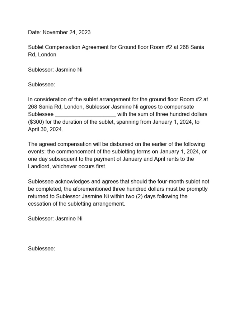Sublet Sample Agreement | PDF