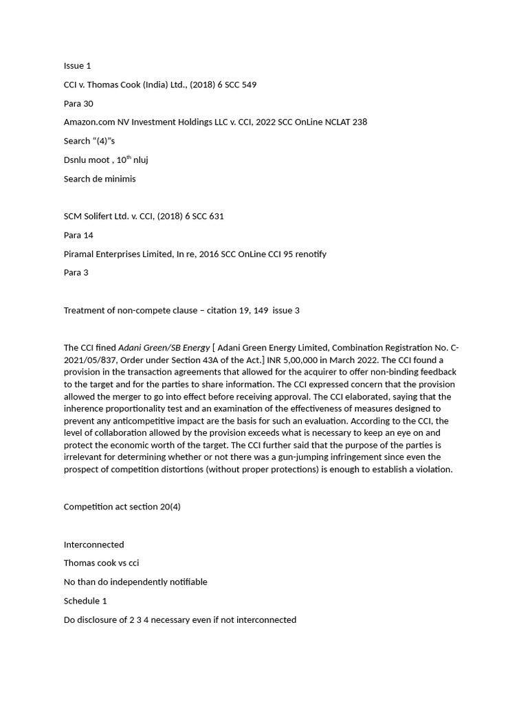 CCI Merger Regulations and Case Analysis | PDF