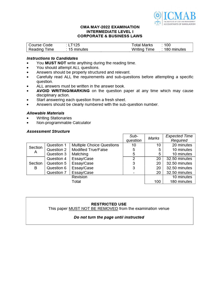 CMA May 2022 Exam: Corporate Laws LT125 | PDF | Management Accounting ...