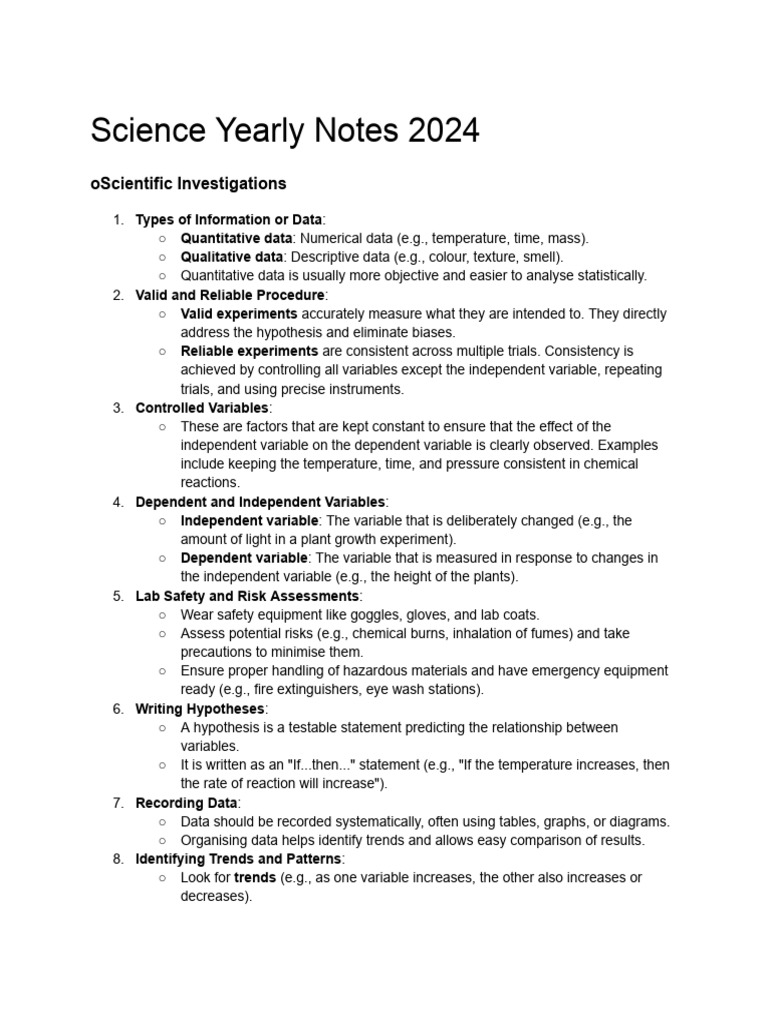 Science Yearly Notes 2024 Overview | PDF | Chemical Reactions | Genetics