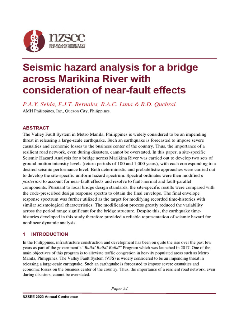 Seismic Hazard Analysis For A Bridge Across Marikina River With ...