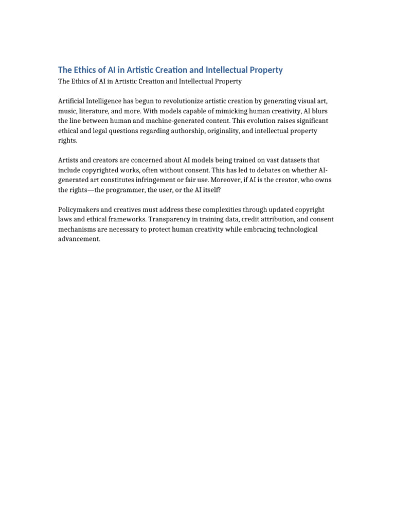 The Ethics of AI in Artistic Creation and Intellectual Property | PDF