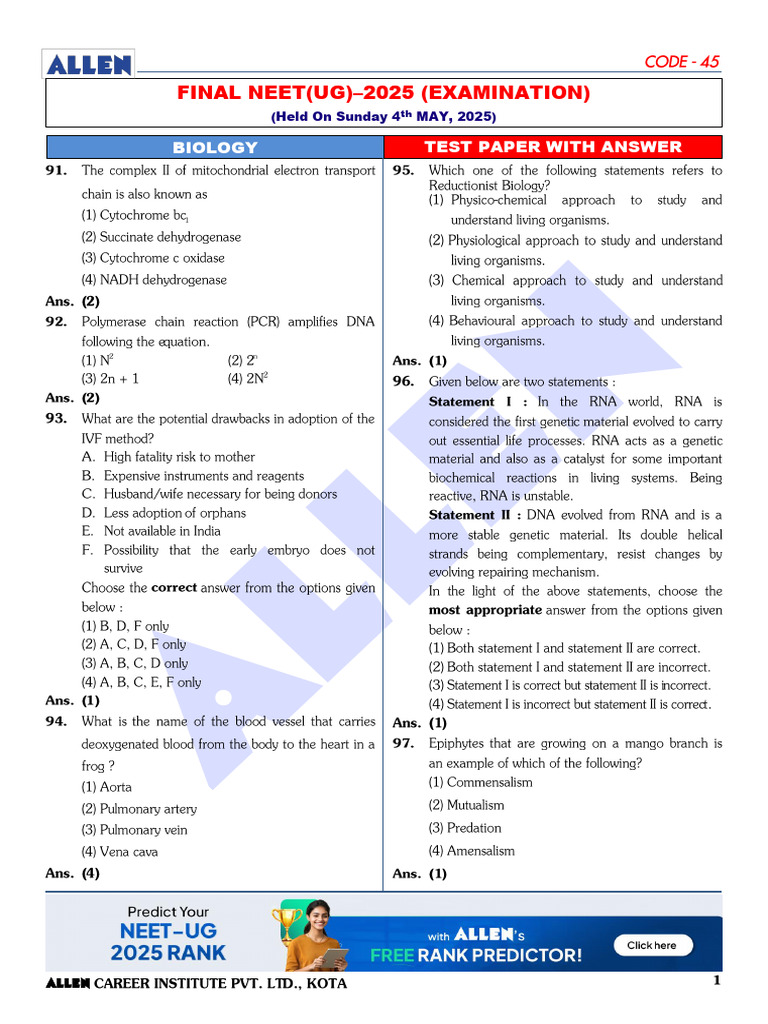 NEET 2025 Biology Test Paper Code 45 | PDF