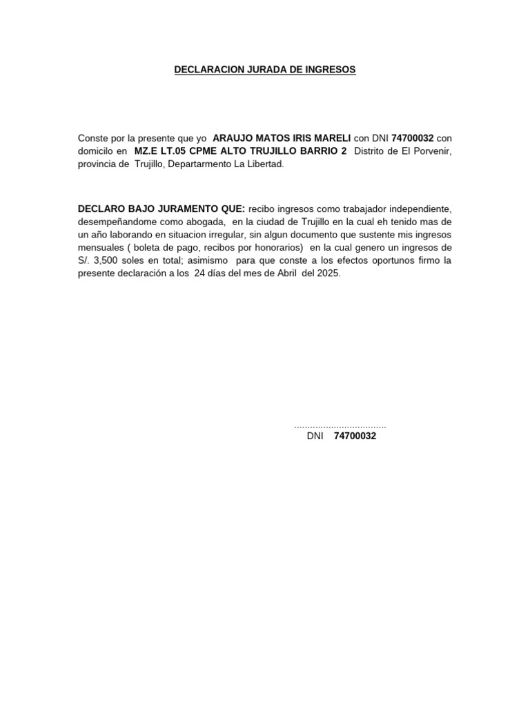 Declaración Jurada de Ingresos 2025 | PDF