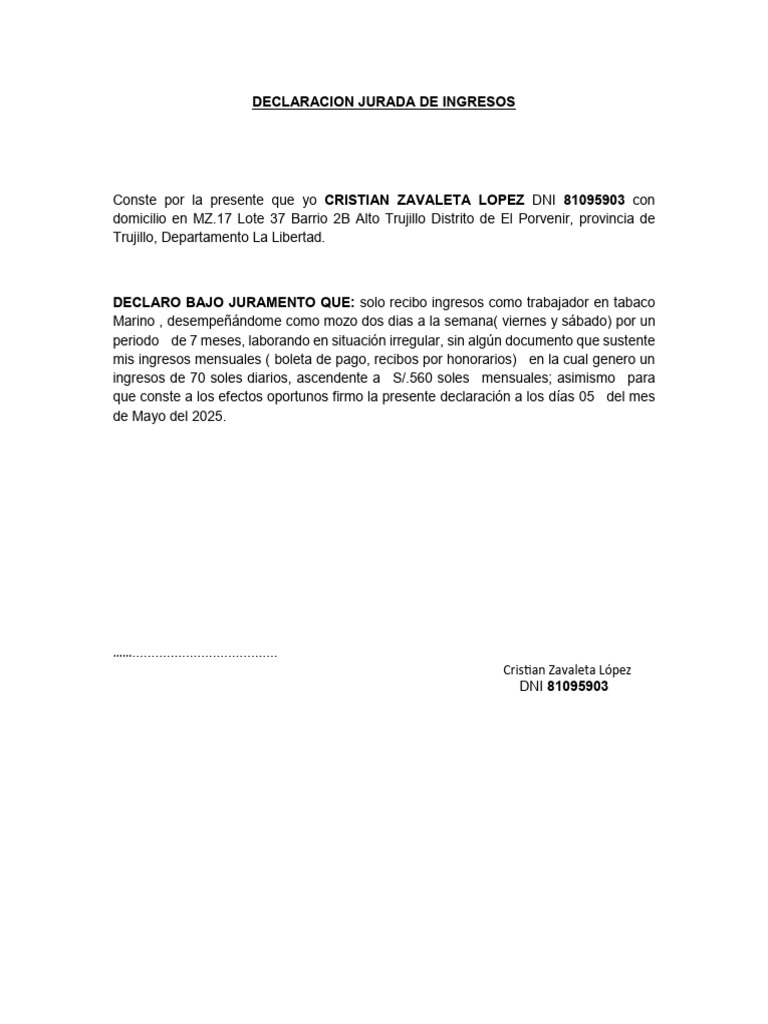 Declaración Jurada de Ingresos 2025 | PDF