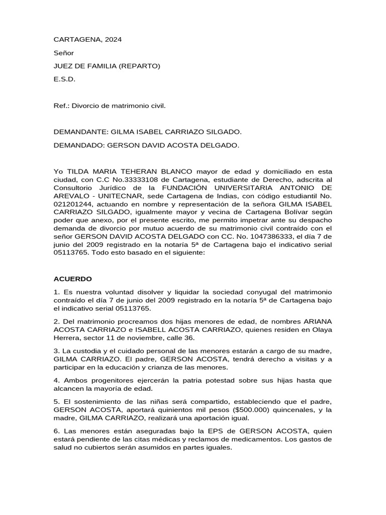 Demanda de Divorcio | PDF | Divorcio | Matrimonio