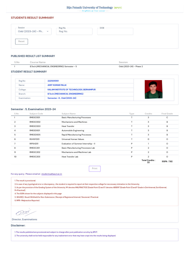 BPUT 5th Sem Result Summary 2023-24 | PDF | Engineering