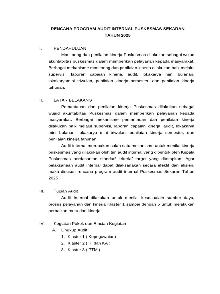 Rencana Audit Internal Puskesmas 2025 | PDF