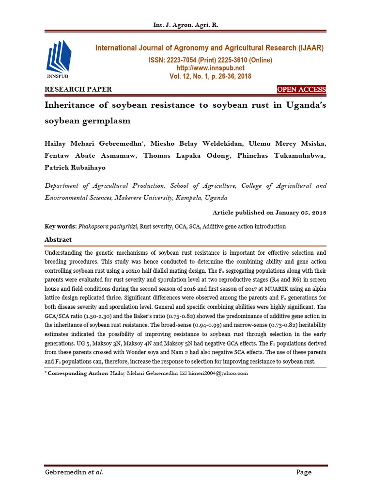 Inheritance of Soybean Resistance To Soybean Rust in Uganda's Soybean ...