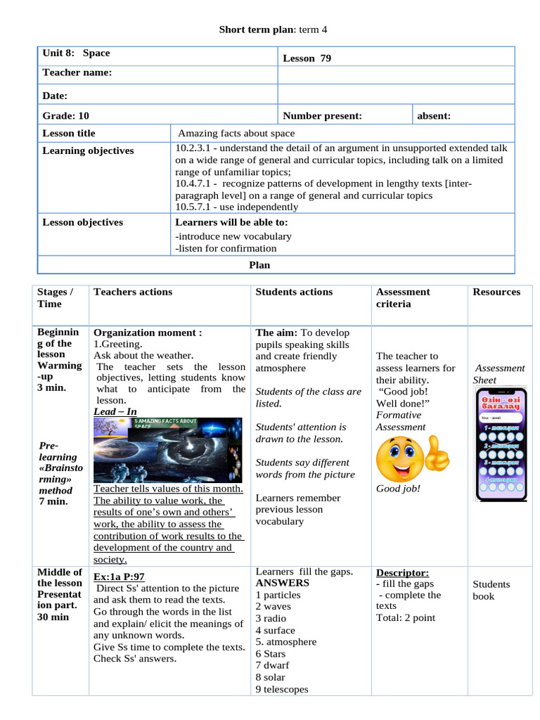 Space Unit Lesson Plans for Grade 10 | PDF | Curriculum | Planets