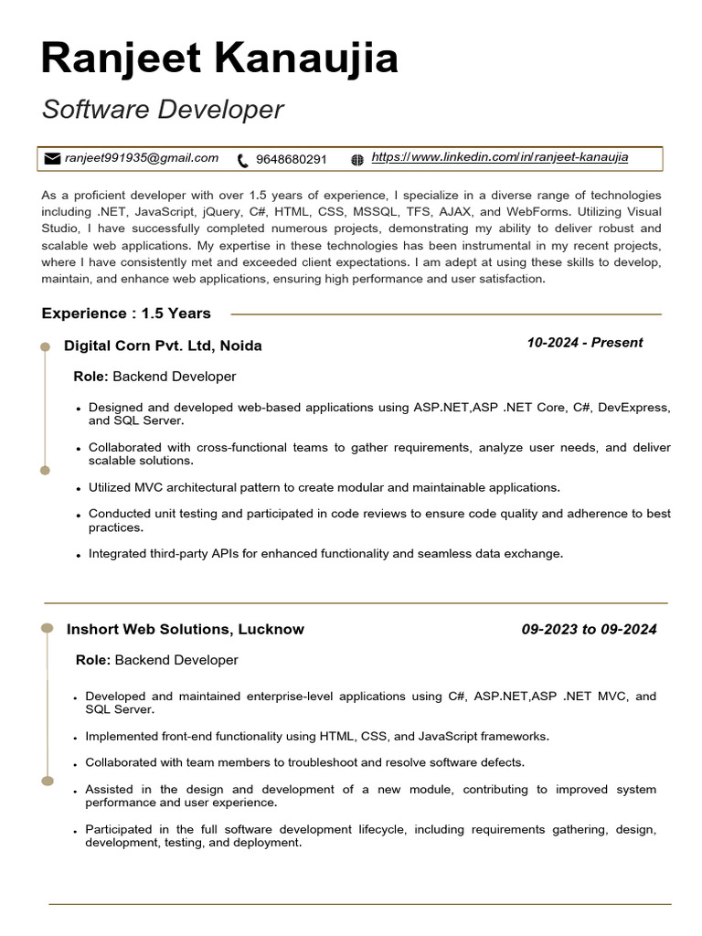 Ranjeet Kanaujia: .NET Developer Profile | PDF | Microsoft Sql Server ...