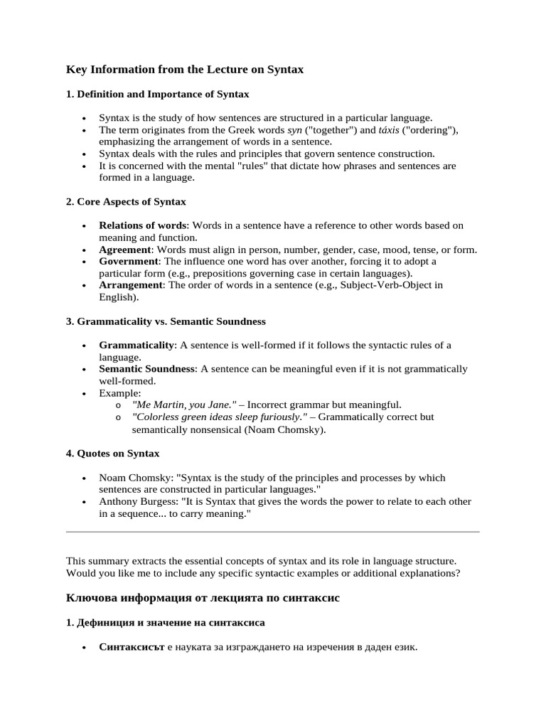 Key Information From The Lecture On Syntax: Syn Táxis | PDF