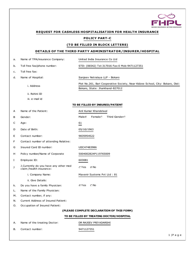 Cashless Hospitalization Request Form | PDF | Insurance | Intensive ...