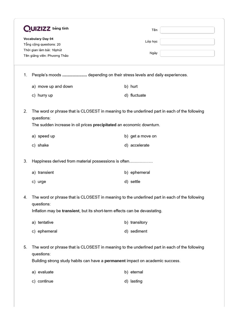 Quizizz Vocabulary Quiz Day 04 | PDF