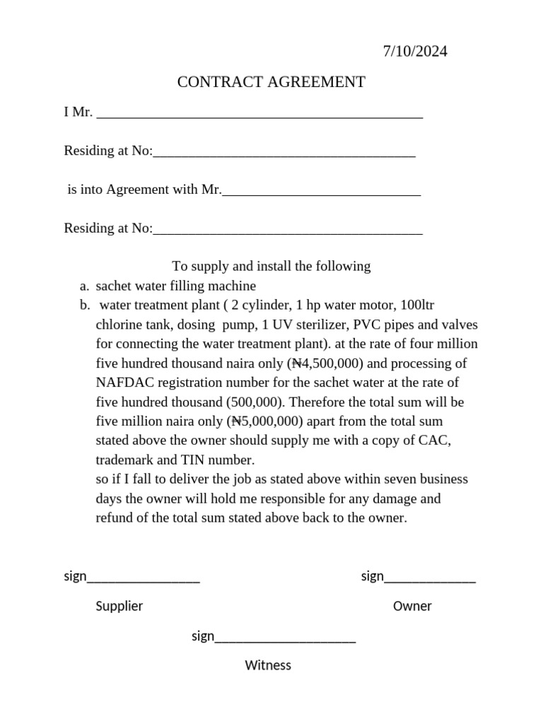 Contract for Water Supply Equipment Installation | PDF