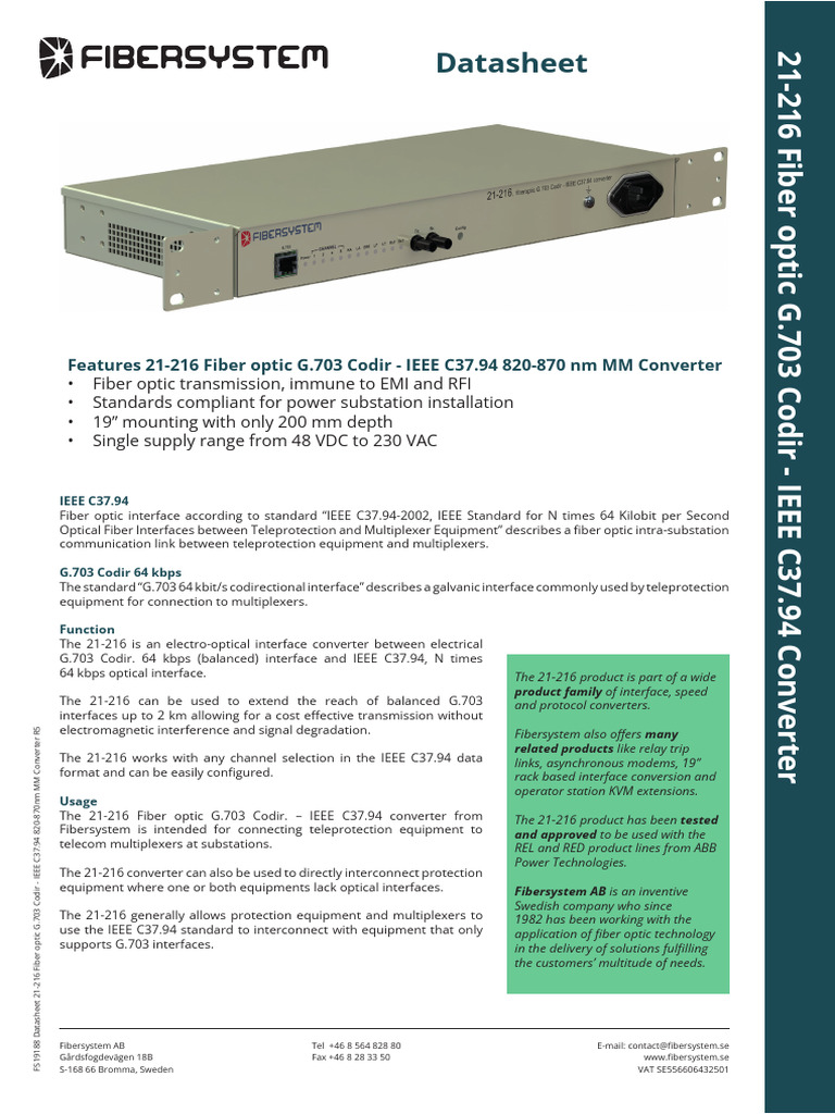 FS19188 Datasheet 21 216 Fiber Optic G.703 Codir IEEE C37.94 820 870nm ...