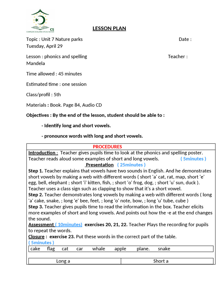 Phonics Lesson Plan for 5th Grade | PDF