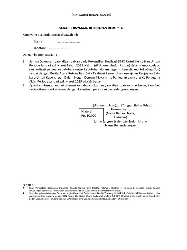 Draft Surat Pernyataan Kebenaran Dokumen | PDF