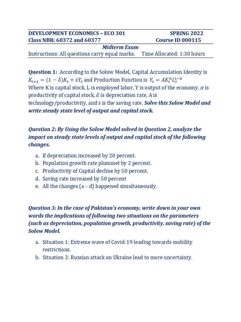 Solow Model Midterm Exam - ECO 301 | PDF