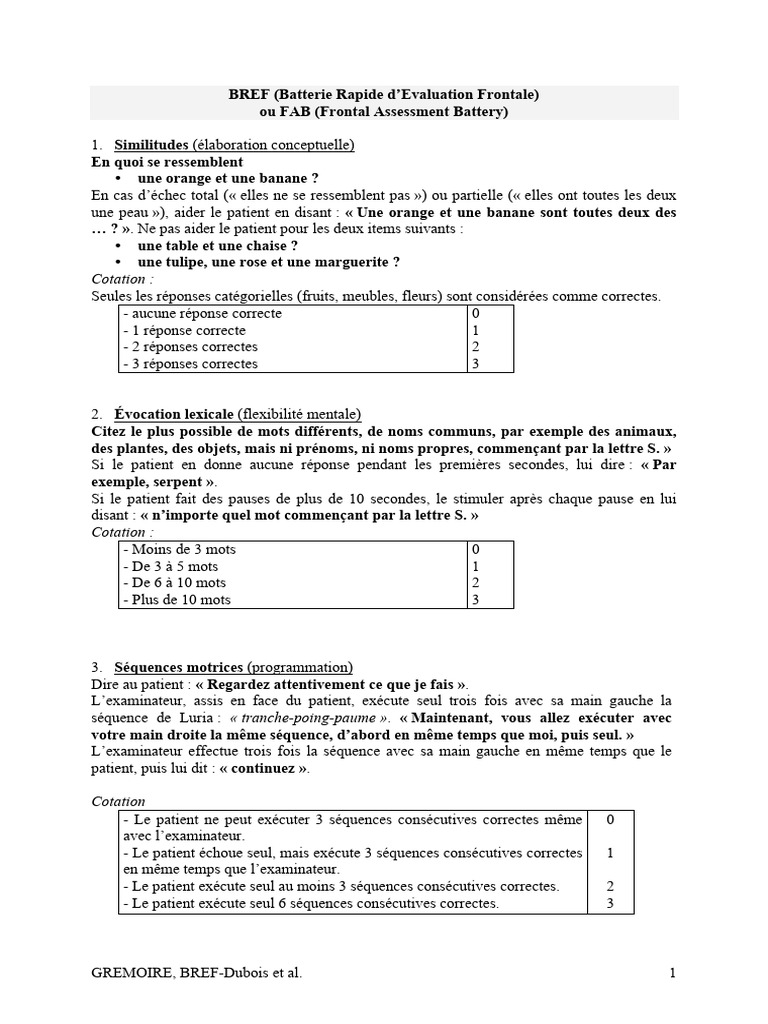 Évaluation Cognitive : Batterie BREF | PDF