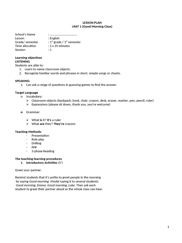1st Grade English Lesson Plan: Classroom Objects | PDF | Reading ...