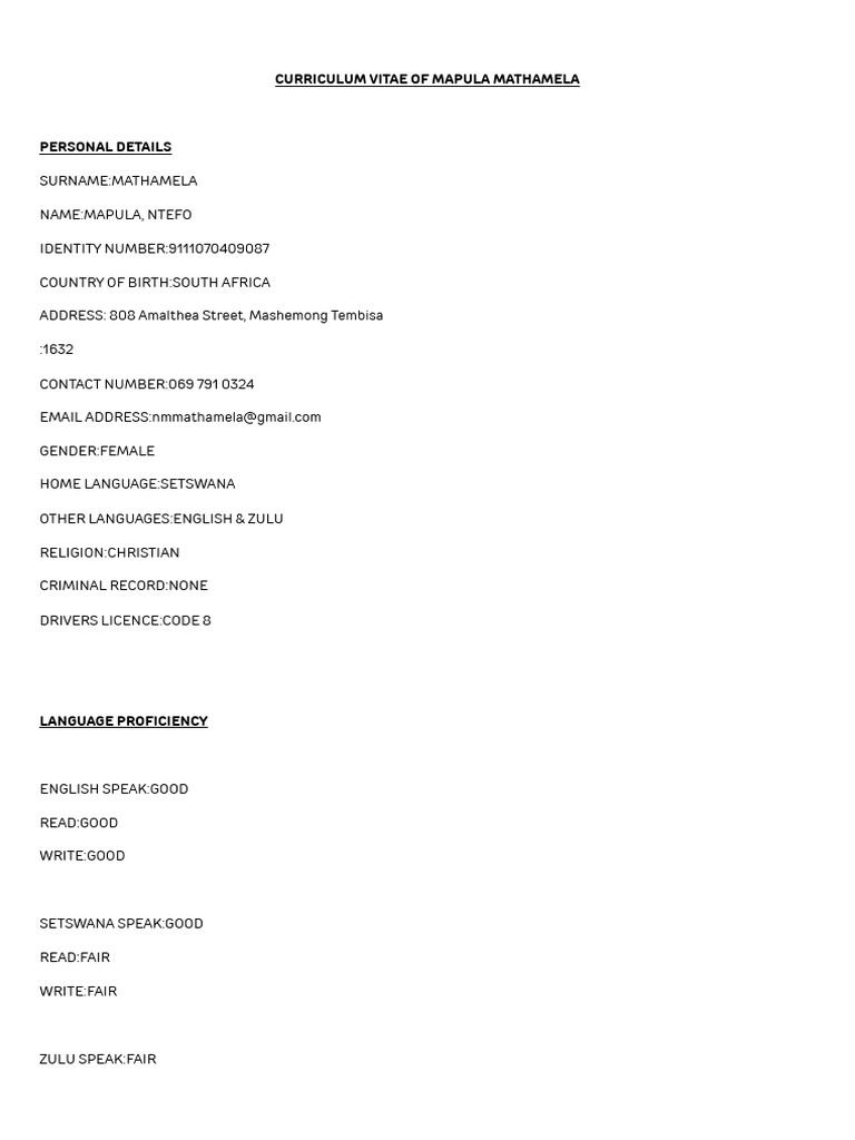 Curriculum Vitae of Mapula Mathamela | PDF