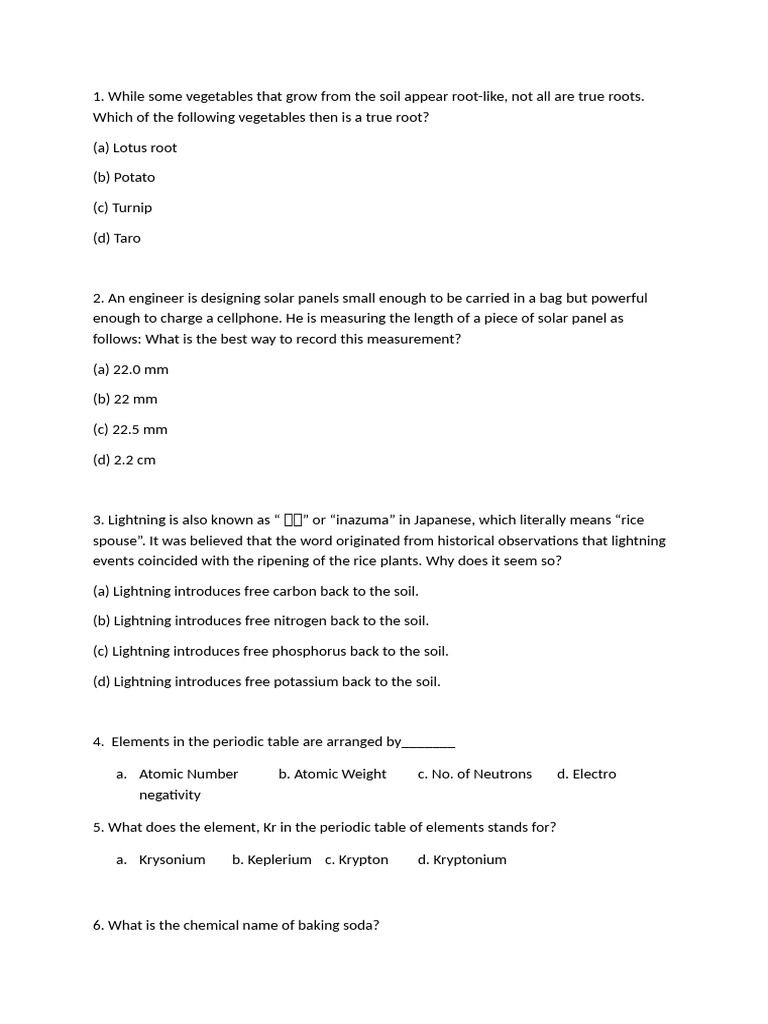 Science Quiz: Roots, Elements, and More | PDF | Food Preservation ...