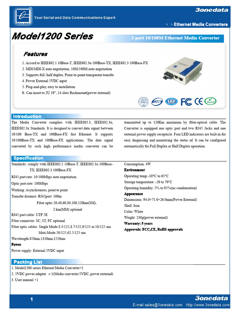 Model 1200-S 20km Media Converter | PDF | Data Transmission | Electronics