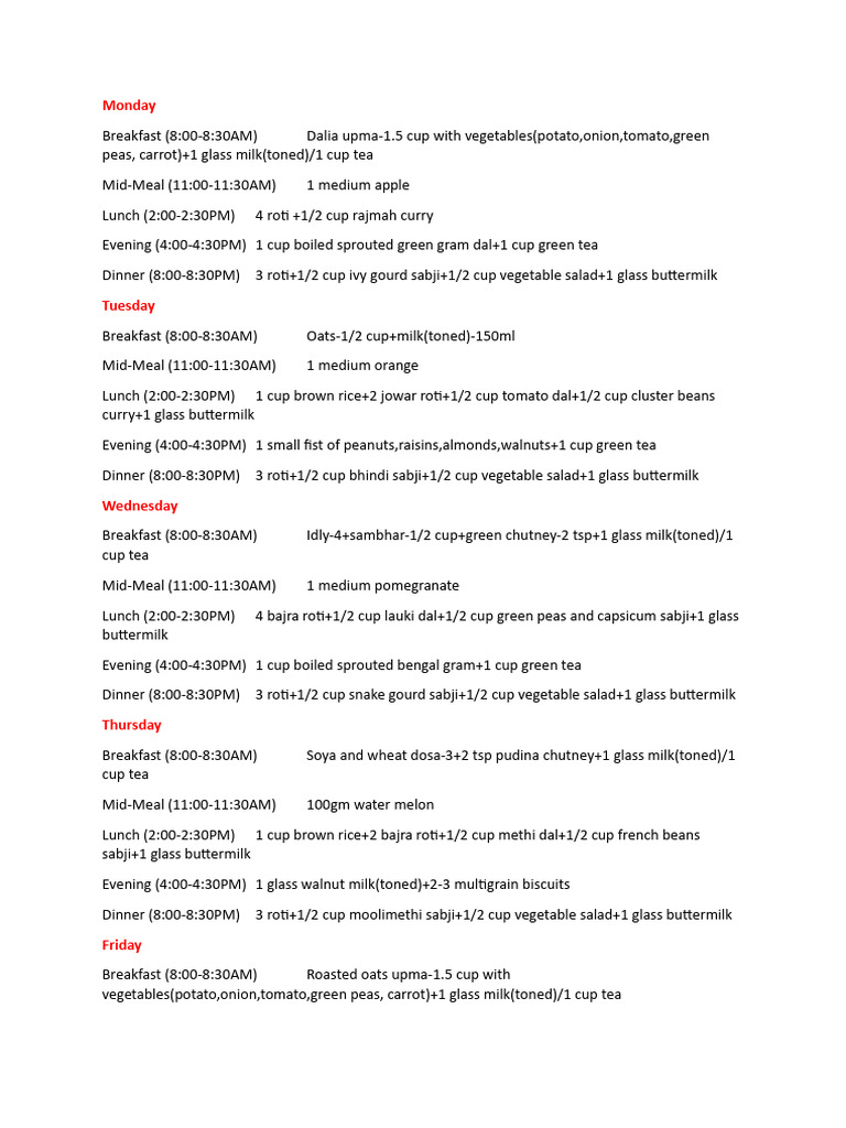 Weekly Indian Meal Plan Guide | PDF | Lunch | Edible Plants